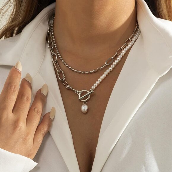 Layered Gold Necklace for Women Non Tarnish Paperclip Pearl Pendant Jewelry Set - Picture 2 of 7